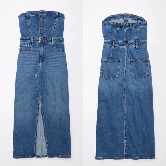 American Eagle Denim Tube Top Midi Dress Medium Wash Size 12 - Picture 2 of 12